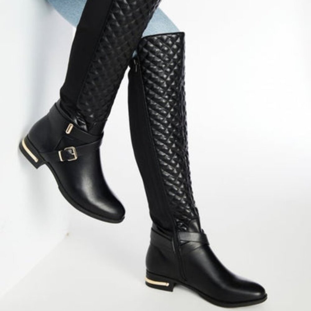 SHOEDAZZLE FAUX LEATHER/NEOPRENE PANEL OVER THE KNEE QUILTED BOOT 18.25" SHAFT
